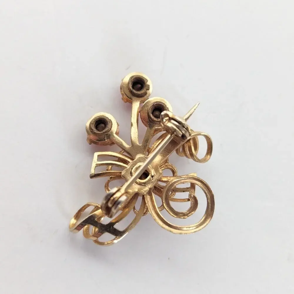 Vintage Estate Gold Tone Prong Set Pink Rhinestone Floral Bow Burst Brooch